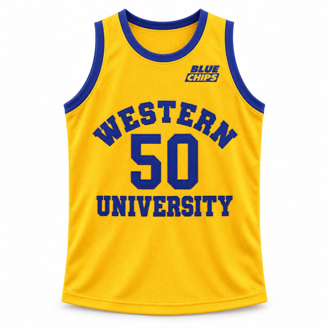 Front product mockup of a yellow Western University number 50 basketball jersey with blue trim, stitched lettering and a Blue Chips chest logo.