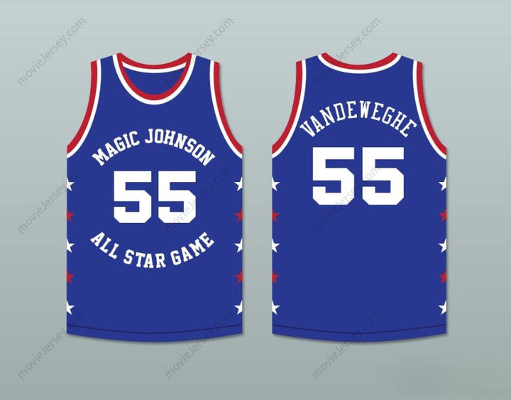 PERSONALIZA Cualquier Nombre Número KIKI VANDEWEGHE 55 MAGIC JOHNSON ALL STAR GAME CAMISETA DE BALONCESTO AZUL 1988 EVENTO BENÉFICO MIDSUMMER NIGHT'S MAGIC Cosido Superior S-6XL