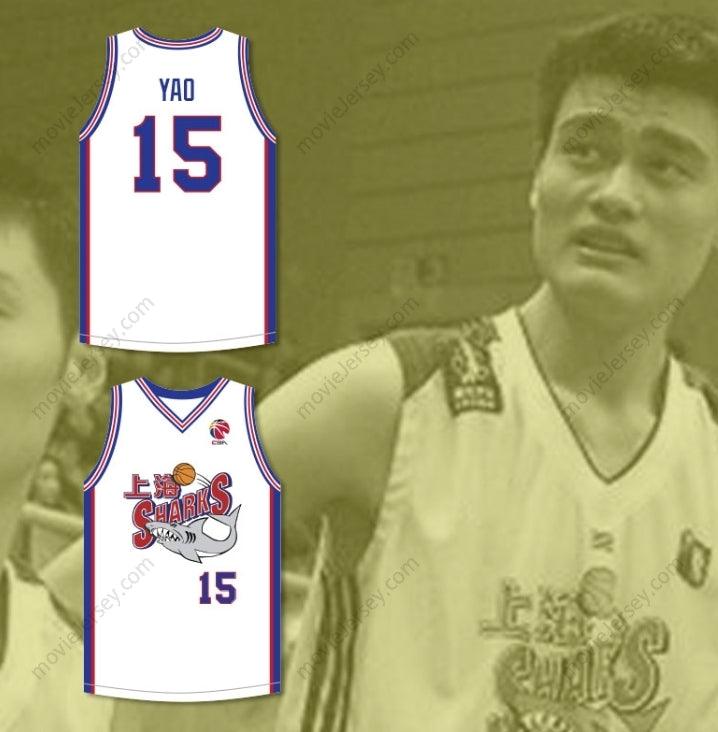 CAMISETA DE BALONCESTO BLANCA DE LOS SHANGHAI SHARKS #15 DE YAO MING, CON CUALQUIER NOMBRE Y NÚMERO, CON PARCHE DE LA CBA, COSTURAS DE ALTA CALIDAD, TALLAS S-6XL