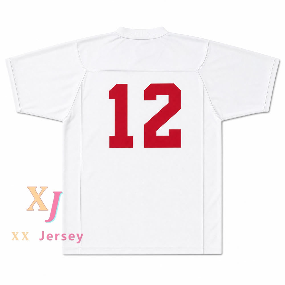 Greg Cima 12 Mustangs High School White Practice Football Jersey — white front view