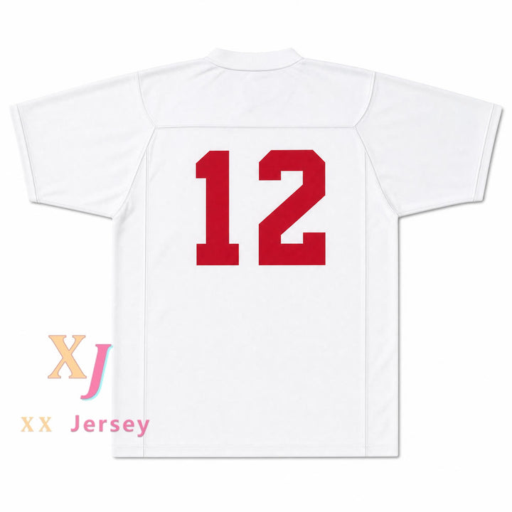 Greg Cima 12 Mustangs High School White Practice Football Jersey — white front view