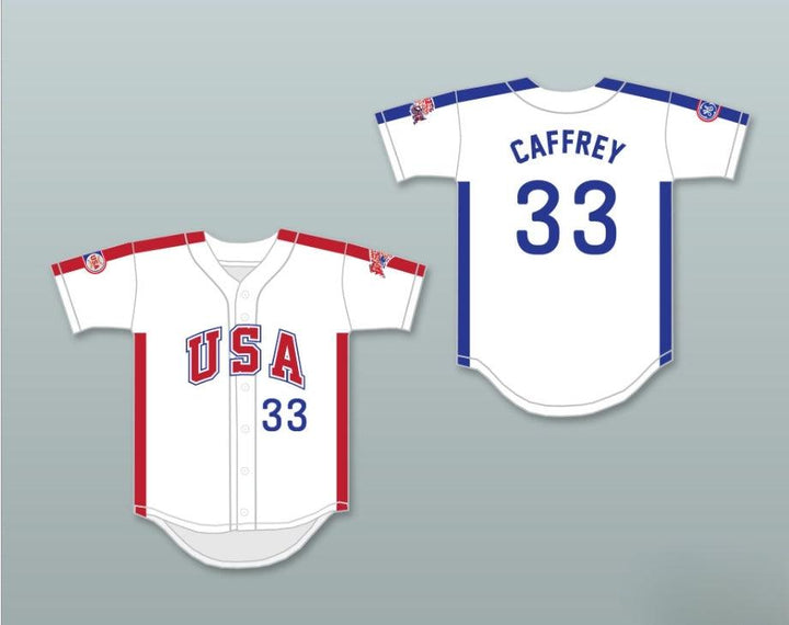 Camiseta de béisbol con botones blancos del equipo de EE. UU. de 1984, con el nombre y número personalizados BOB CAFFREY 33, tallas S-6XL