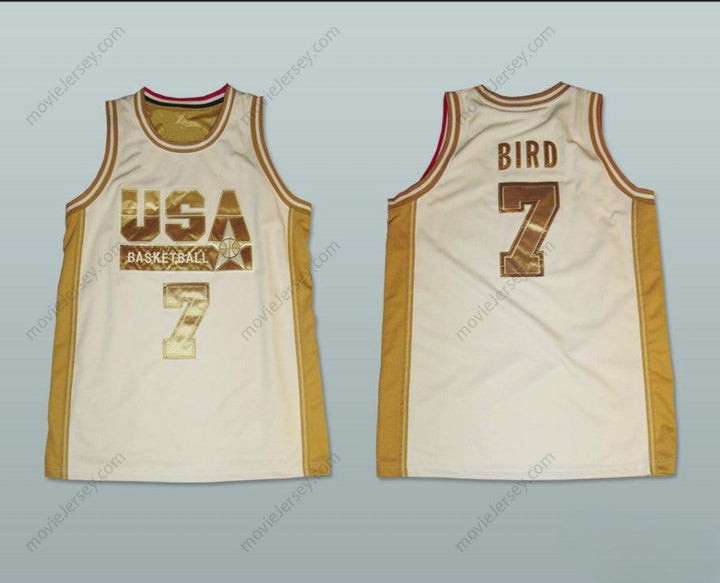 PERSONALIZA CUALQUIER Nombre Número LARRY BIRD USA CAMISETA DE BALONCESTO BLANCA Y DORADA NUEVA COSIDA A MANO Bordado S-6XL
