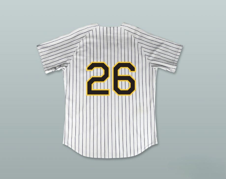 Camiseta de béisbol a rayas blancas de BUZZ LANCE PERE 26 con nombre y número personalizados MAJOR LEAGUE: BACK TO THE MINORS Talla S-6XL con costuras superiores