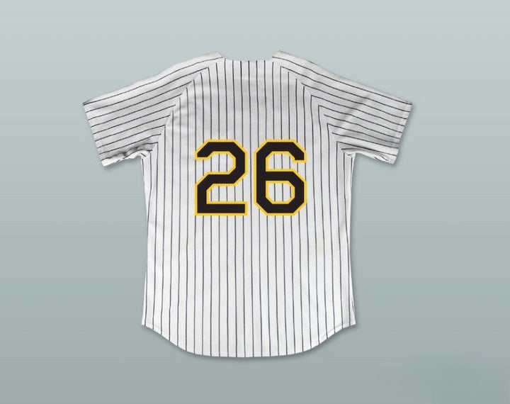 Camiseta de béisbol a rayas blancas de BUZZ LANCE PERE 26 con nombre y número personalizados MAJOR LEAGUE: BACK TO THE MINORS Talla S-6XL con costuras superiores