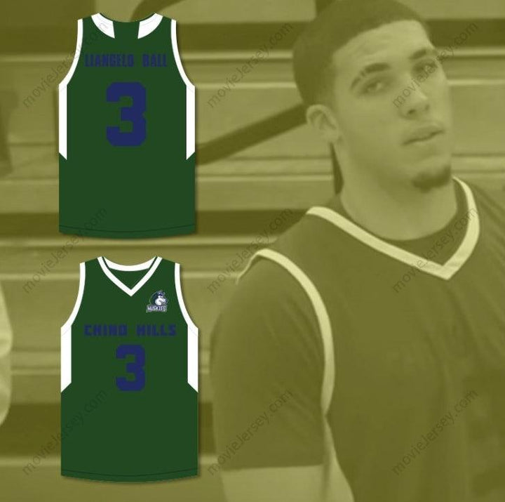 CAMISETA DE BALONCESTO VERDE LIANGELO BALL 3 CHINO HILLS HUSKIES CON PARCHE Y NÚMERO/NOMBRE PERSONALIZABLES, Cosido, Tallas S-6XL