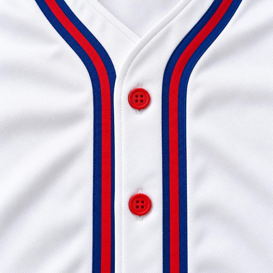 Close-up product mockup of two red buttons and blue-and-red striped trim on a white baseball jersey placket.