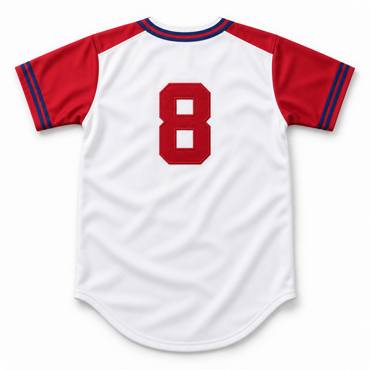 Back product mockup of a white and red baseball jersey with a raised red embroidered number 8 and blue sleeve stripes.