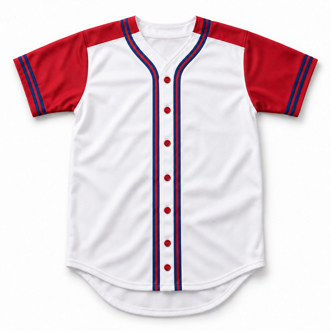 Front product mockup of a white baseball jersey with red sleeves, blue-and-red trim and seven red buttons.