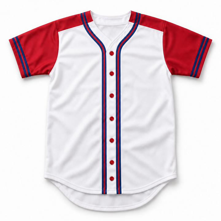 Front product mockup of a white baseball jersey with red sleeves, blue-and-red trim and seven red buttons.