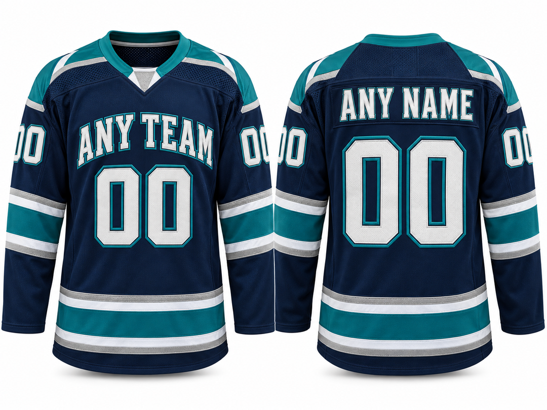 Front and back of a navy and teal custom ice hockey jersey with ANY TEAM, ANY NAME and 00 stitched lettering.