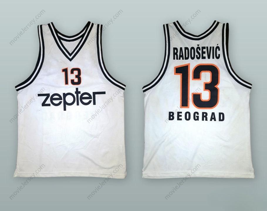 PERSONALIZA Cualquier Nombre Número MIROSLAV RADOSEVIC 13 KK PARTIZAN BELGRADO Camiseta de baloncesto BLANCA Parte superior cosida S-6XL