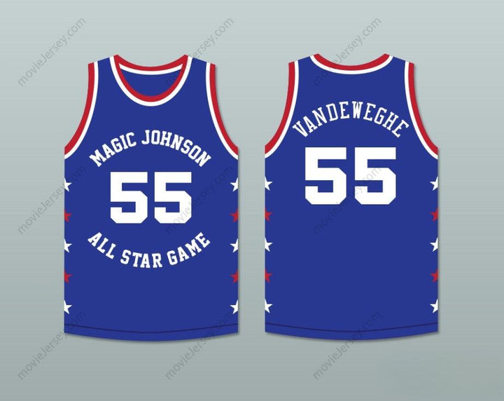 PERSONALIZA CUALQUIER Nombre Número KIKI VANDEWEGHE 55 MAGIC JOHNSON ALL STAR GAME CAMISETA BALONCESTO AZUL 1986 EVENTO DE CARIDAD MIDSUMMER NIGHT'S MAGIC Bordado de primera calidad S-6XL