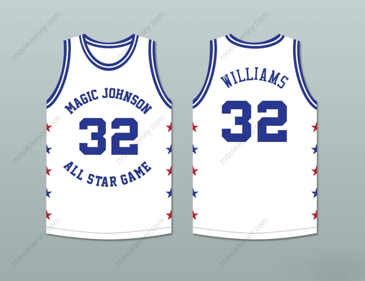 CAMISETA DE BALONCESTO BLANCA PERSONALIZADA CUALQUIER Nombre Número HERB WILLIAMS 32 MAGIC JOHNSON ALL STAR GAME 1989 EVENTO BENÉFICO MIDSUMMER NIGHT'S MAGIC con costuras superiores S-6XL