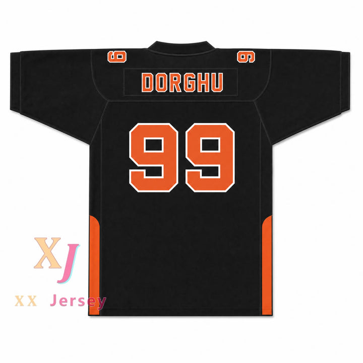 CAMISETA DE FÚTBOL DORGHU 99 ORC FOGTEETH, NEGRO/NARANJA, CON PARCHES PERSONALIZADOS Y DOBLE COSTURA, TALLAS S-6XL