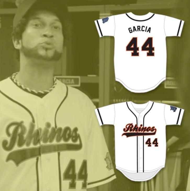 Camiseta de béisbol blanca con el nombre y número personalizados GARCIA 44 RHINOS con parche KEY & PEELE SLAP ASS, cosida, tallas S-6XL