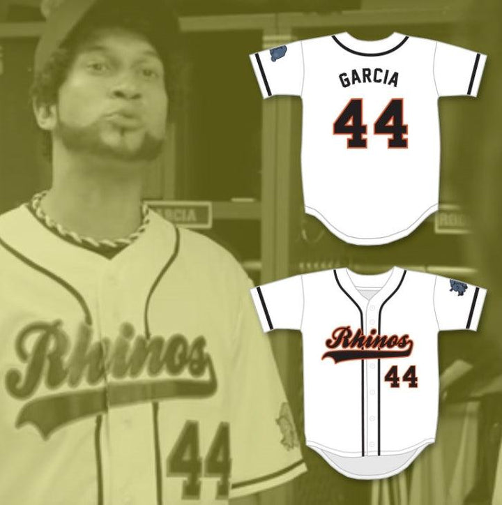 Camiseta de béisbol blanca con el nombre y número personalizados GARCIA 44 RHINOS con parche KEY & PEELE SLAP ASS, cosida, tallas S-6XL