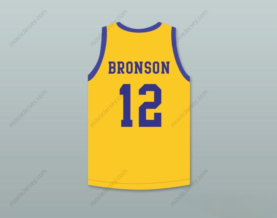 CAMISETA DE BALONCESTO AMARILLA PERSONALIZADA CON CUALQUIER NOMBRE Y NÚMERO DE ACTION BRONSON 12 CON PARCHE DE BLUE CHIPS, Costura Superior S-6XL