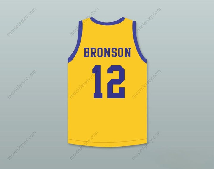 CAMISETA DE BALONCESTO AMARILLA PERSONALIZADA CON CUALQUIER NOMBRE Y NÚMERO DE ACTION BRONSON 12 CON PARCHE DE BLUE CHIPS, Costura Superior S-6XL