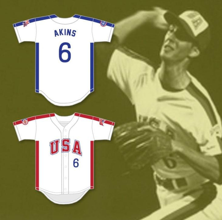 Camiseta de béisbol con botones blanca, costura superior, nombre y número personalizados SID AKINS 6 1984 USA TEAM, tallas S-6XL