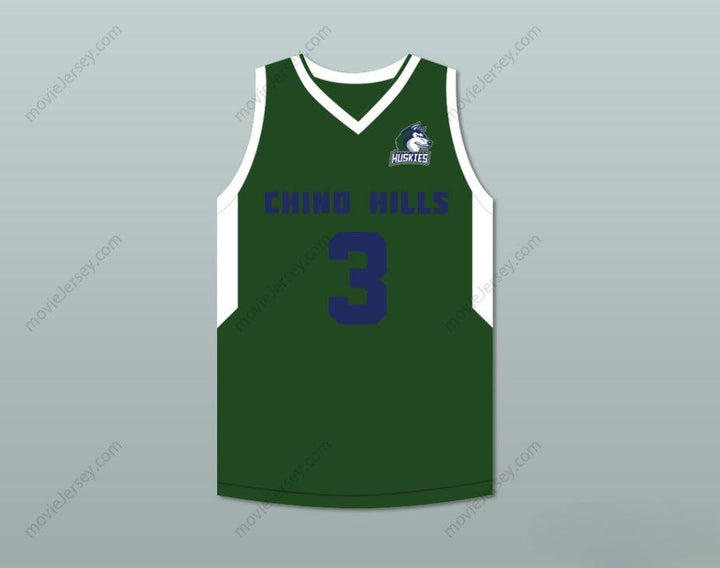 CAMISETA DE BALONCESTO VERDE LIANGELO BALL 3 CHINO HILLS HUSKIES CON PARCHE Y NÚMERO/NOMBRE PERSONALIZABLES, Cosido, Tallas S-6XL