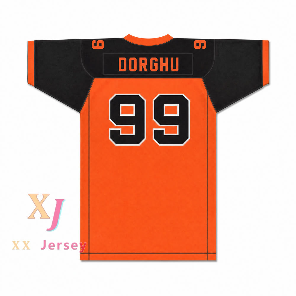 CAMISETA DE FÚTBOL DORGHU 99 ORC FOGTEETH, NEGRO/NARANJA, CON PARCHES PERSONALIZADOS Y DOBLE COSTURA, TALLAS S-6XL