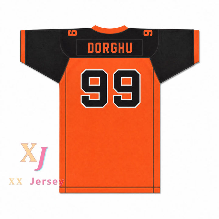 CAMISETA DE FÚTBOL DORGHU 99 ORC FOGTEETH, NEGRO/NARANJA, CON PARCHES PERSONALIZADOS Y DOBLE COSTURA, TALLAS S-6XL