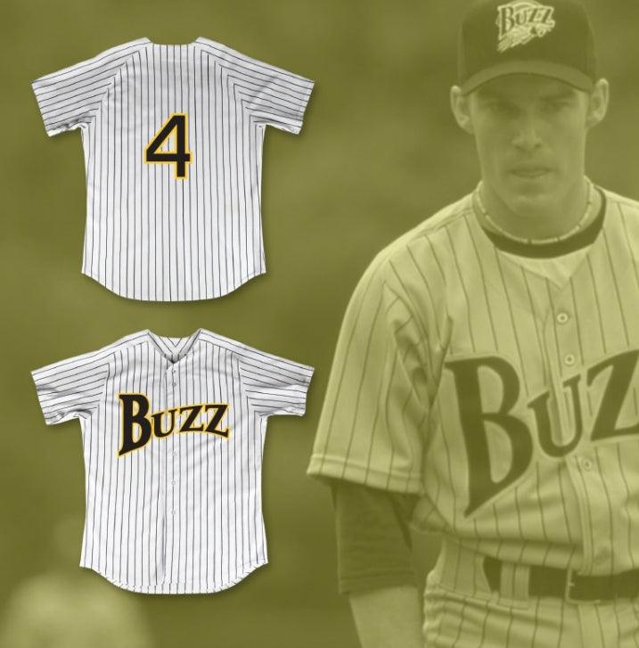 Camiseta de béisbol a rayas blancas de HOG ELLIS 4 BUZZ con número y nombre personalizados MAJOR LEAGUE: BACK TO THE MINORS con costuras superiores S-6XL
