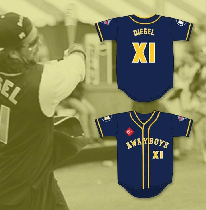 Camiseta de béisbol WRESTLER DIESEL XI AWAYBOYS con número y nombre personalizados, para el 6º ANNUAL ROCK N' JOCK SOFTBALL CHALLENGE 1995, con costuras superiores, de la talla S a la 6XL