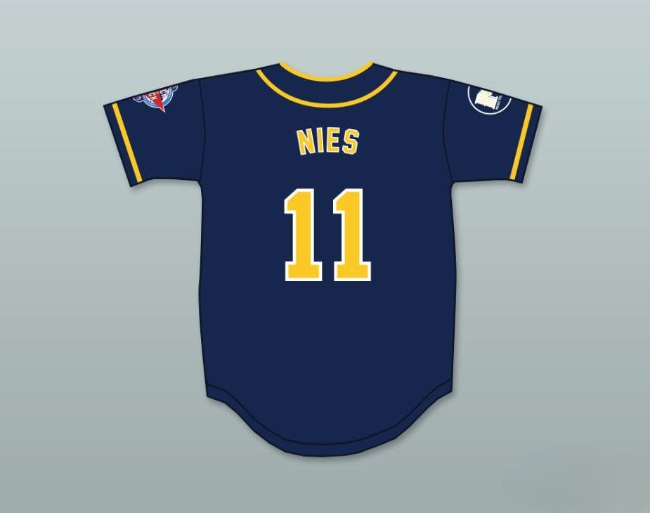 Camiseta de béisbol personalizada con cualquier nombre y número ERIC NIES 11 AWAYBOYS 6º DESAFÍO ANUAL DE SOFTBOL ROCK N' JOCK 1995 Costuras superiores S-6XL
