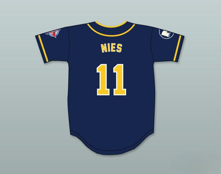 Camiseta de béisbol personalizada con cualquier nombre y número ERIC NIES 11 AWAYBOYS 6º DESAFÍO ANUAL DE SOFTBOL ROCK N' JOCK 1995 Costuras superiores S-6XL