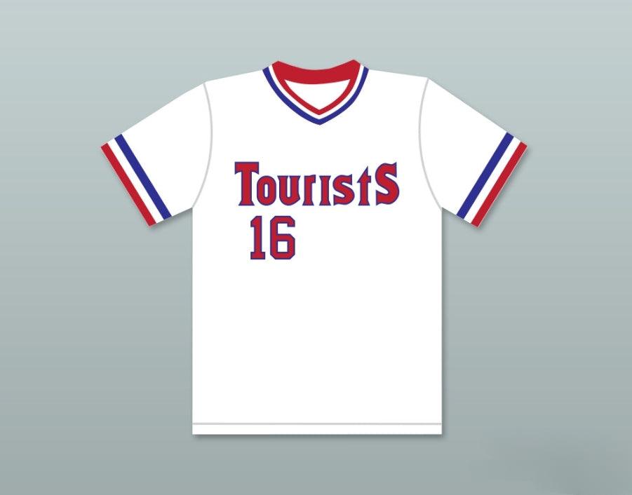 Camiseta de béisbol para hombre personalizada con cualquier nombre y número de CRASH DAVIS 16 TOURISTS, cuello redondo, costuras decorativas, tallas S-6XL