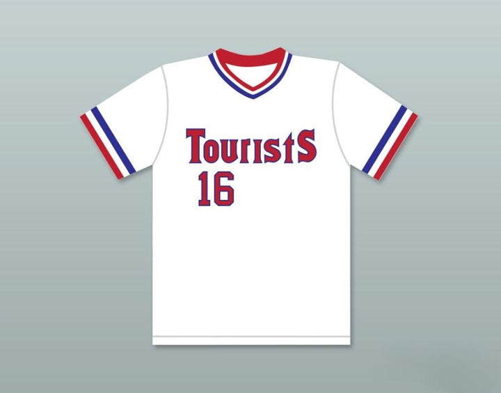 Camiseta de béisbol para hombre personalizada con cualquier nombre y número de CRASH DAVIS 16 TOURISTS, cuello redondo, costuras decorativas, tallas S-6XL
