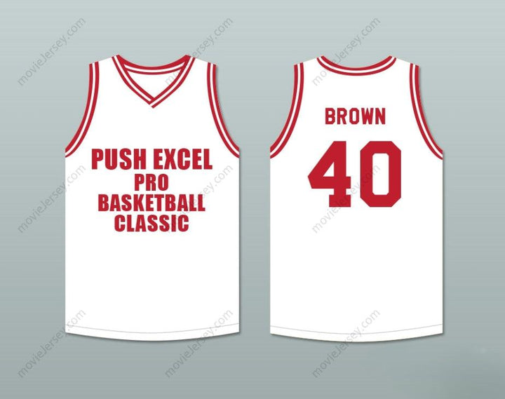 PERSONALIZA cualquier nombre y número MIKE BROWN 40 PUSH EXCEL PRO BALONCESTO CLÁSICO CAMISETA DE BALONCESTO BLANCA 1988 EVENTO BENÉFICO Costuras superiores S-6XL
