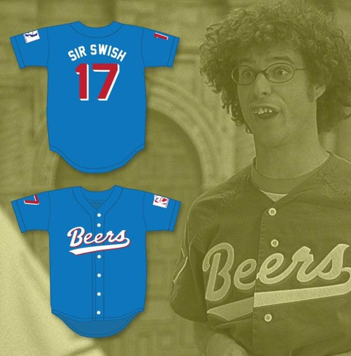 Camiseta de béisbol azul BASEKETBALL personalizada con cualquier nombre y número de DOUG 'SIR SWISH' REMER 17 BEERS, costuras dobles, tallas S-6XL
