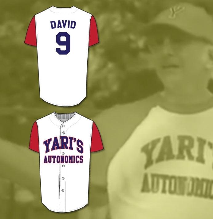 Camiseta de béisbol personalizada con cualquier nombre y número LARRY DAVID YARI'S AUTONOMICS, edición de lujo, costuras cosidas, tallas S-6XL