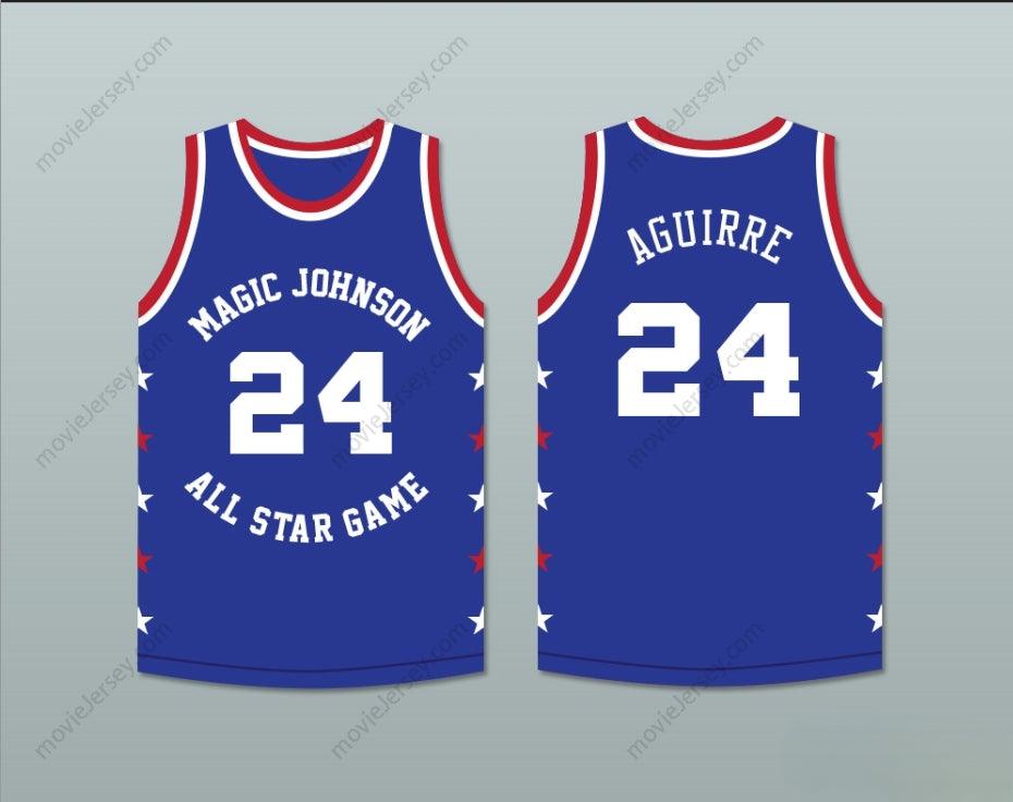 PERSONALIZAR CUALQUIER Nombre Número MARK AGUIRRE 24 MAGIC JOHNSON CAMISETA BALONCESTO AZUL ALL STAR GAME 1986 EVENTO BENÉFICO MIDSUMMER NIGHT'S MAGIC Bordado Premium S-6XL