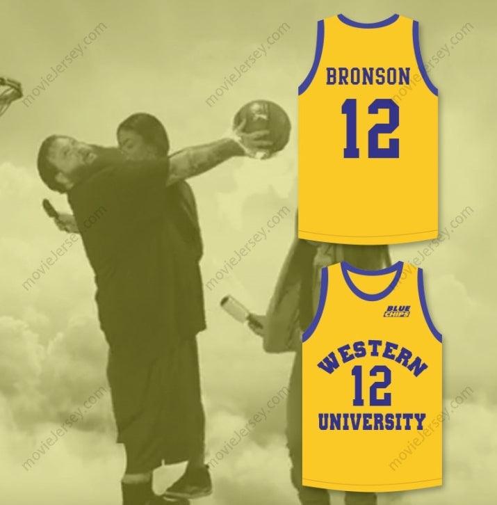 CAMISETA DE BALONCESTO AMARILLA PERSONALIZADA CON CUALQUIER NOMBRE Y NÚMERO DE ACTION BRONSON 12 CON PARCHE DE BLUE CHIPS, Costura Superior S-6XL