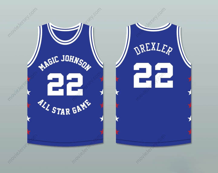 PERSONALIZA CUALQUIER Nombre Número CLYDE DREXLER 22 MAGIC JOHNSON ALL STAR GAME CAMISETA AZUL DE BALONCESTO 1989 EVENTO BENÉFICO MIDSUMMER NIGHT'S MAGIC Cosido Superior S-6XL