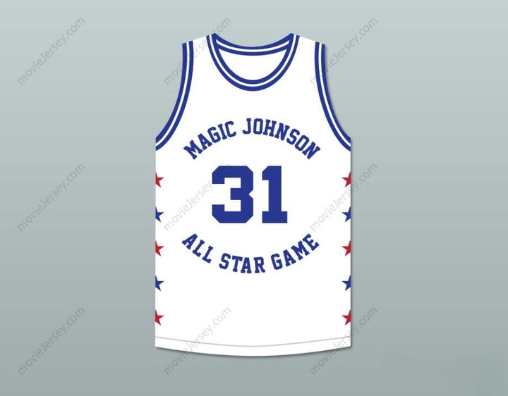CAMISETA DE BALONCESTO BLANCA CUALQUIER Nombre Número KURT RAMBIS 31 MAGIC JOHNSON ALL STAR GAME 1989 EVENTO BENÉFICO MIDSUMMER NIGHT'S MAGIC Tallas S-6XL Bordada