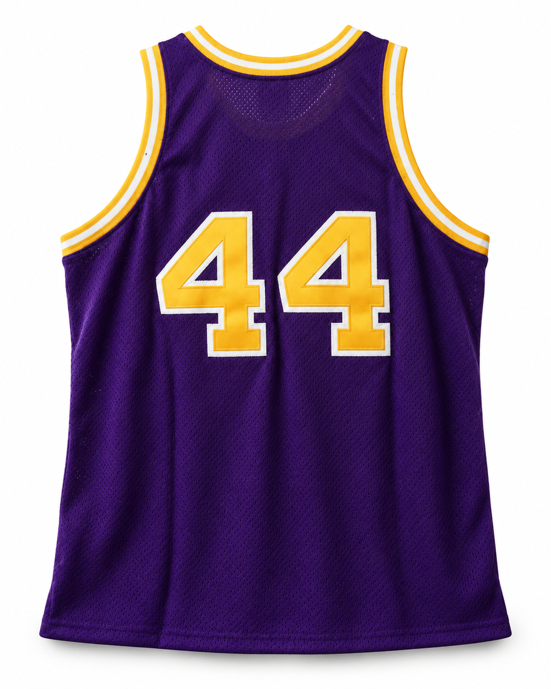 Back view of a purple basketball jersey with gold number 44 outlined in white and gold-and-white striped neckline and arm openings.