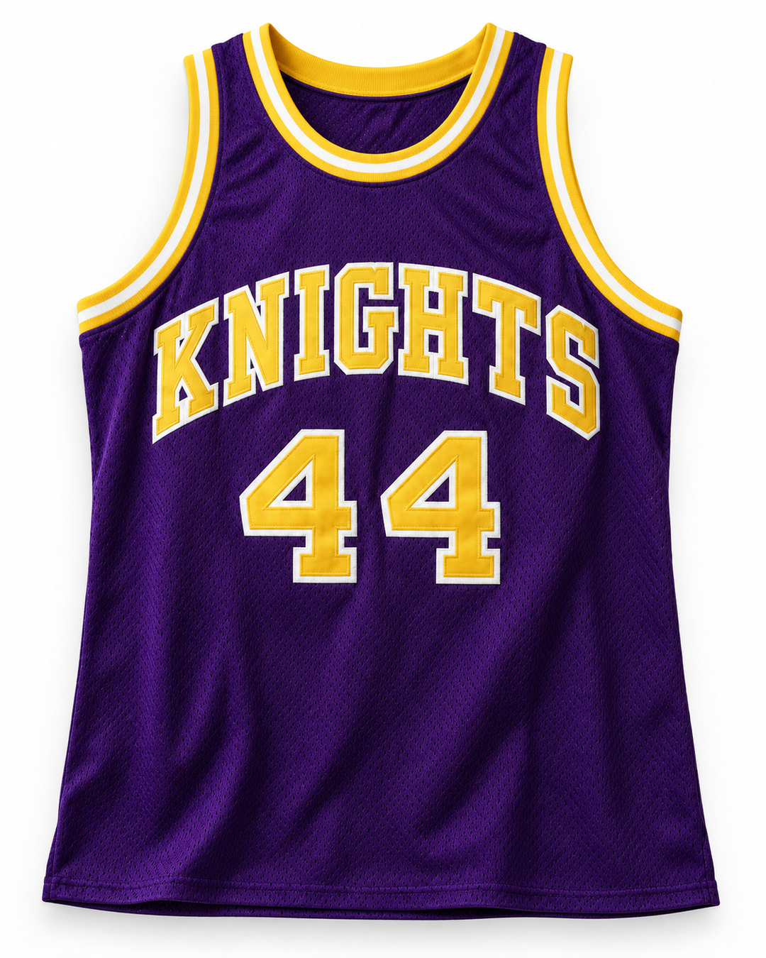 Front view of a purple KNIGHTS basketball jersey with gold and white number 44 and gold-and-white striped neckline and arm openings.