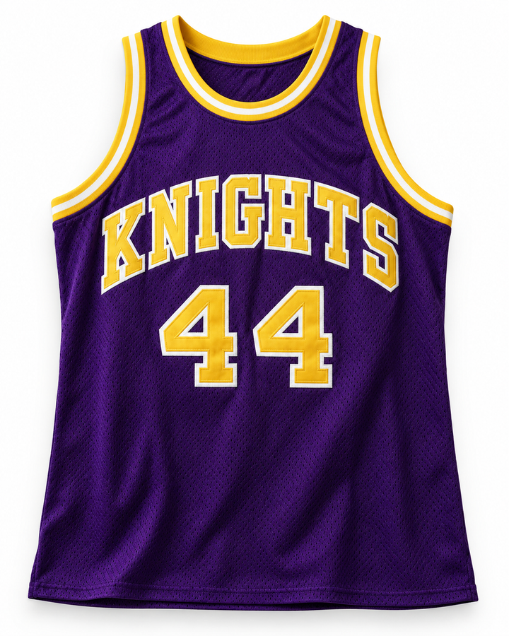 Front view of a purple KNIGHTS basketball jersey with gold and white number 44 and gold-and-white striped neckline and arm openings.