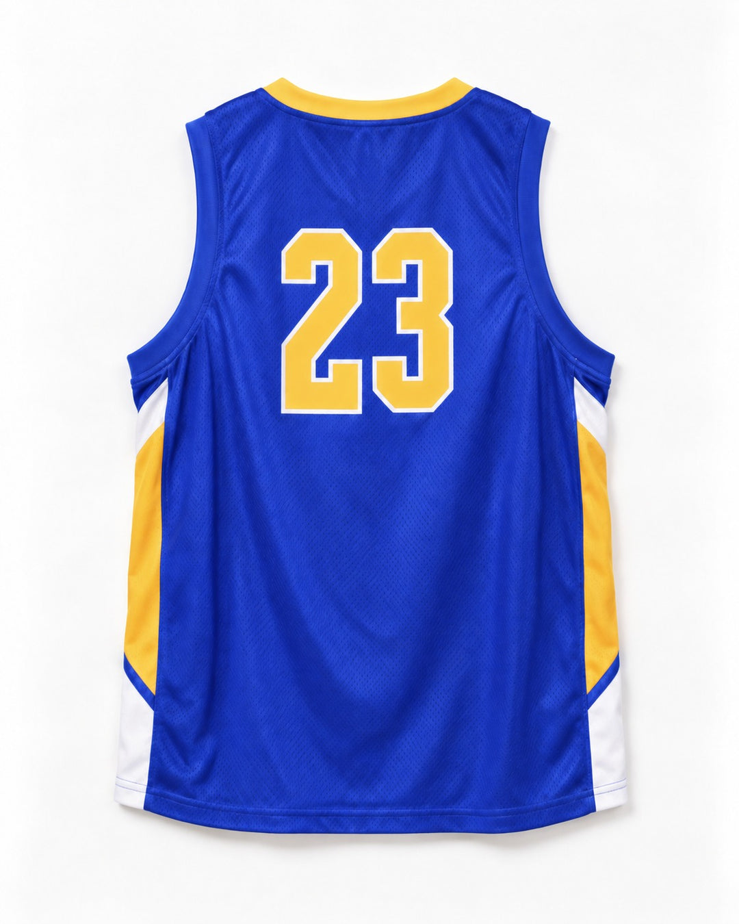Back view of a blue basketball jersey with gold number 23 outlined in white and gold and white side panels.