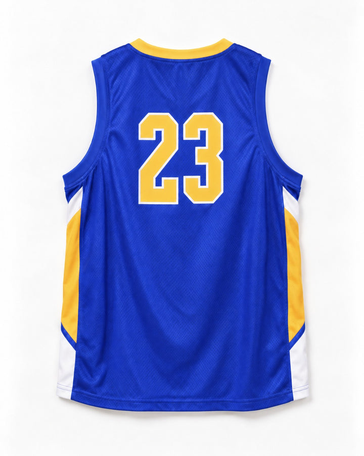Back view of a blue basketball jersey with gold number 23 outlined in white and gold and white side panels.