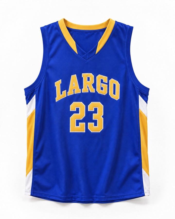 Front view of a blue LARGO basketball jersey with gold and white number 23, gold V-neck trim and contrasting side panels.