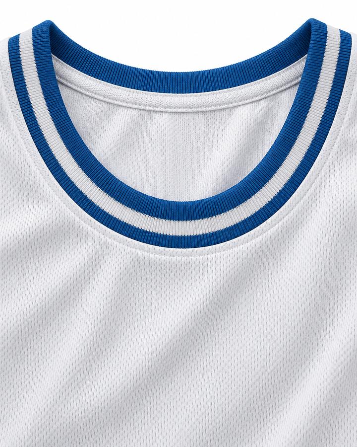Neckline and fabric detail product mockup of Mike O'Donnell 0 Hayden High School Basketball Jersey.