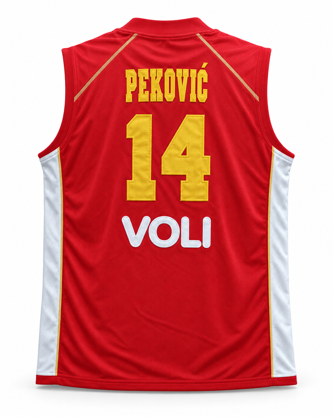 Back product mockup of Nikola Pekovic 14 Montenegro Basketball Jersey, showing the original back lettering and number design.