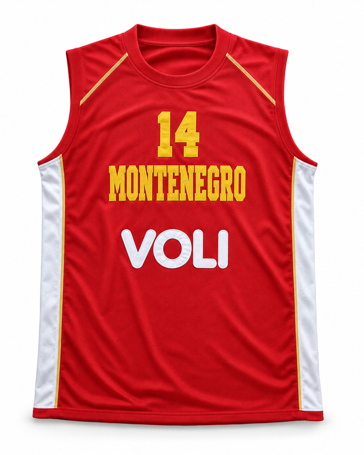 Front product mockup of Nikola Pekovic 14 Montenegro Basketball Jersey, showing the original jersey design with textured fabric and stitched lettering.