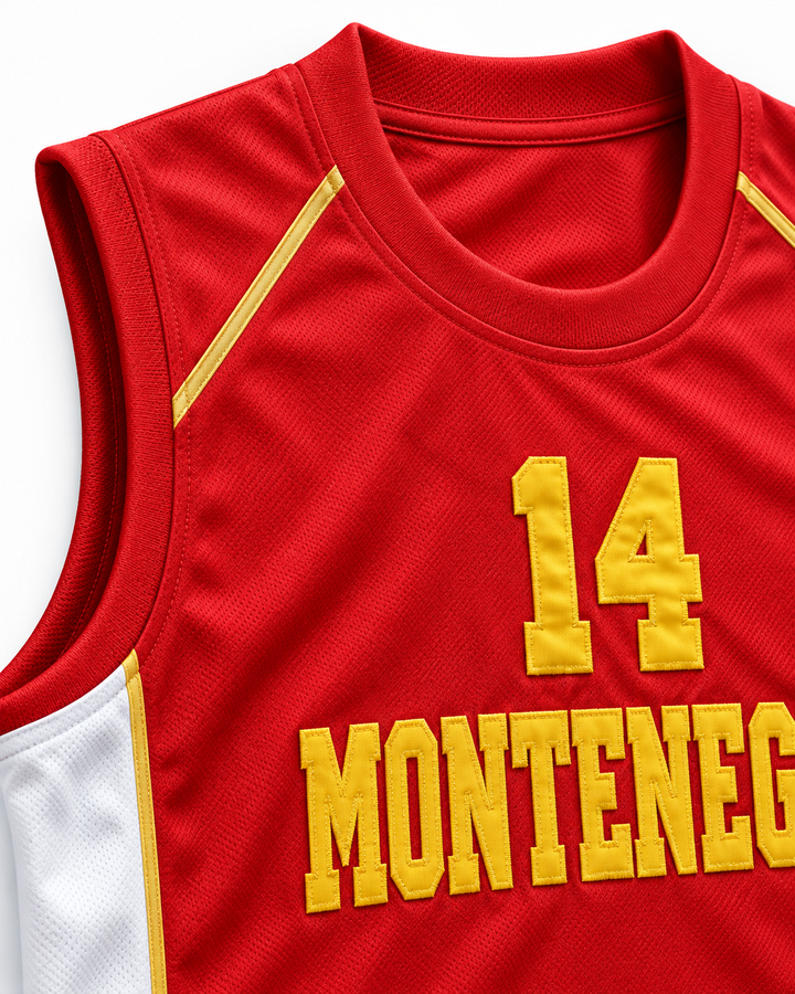 Neckline and chest detail product mockup of Nikola Pekovic 14 Montenegro Basketball Jersey, showing ribbed trim, seams and stitched lettering.